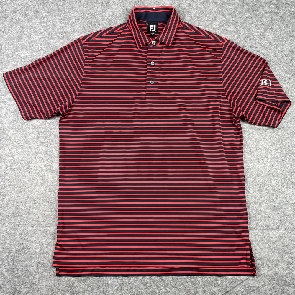 FootJoy Polo Shirt Mens L Red Navy Blue Striped Short Sleeve Performance Top